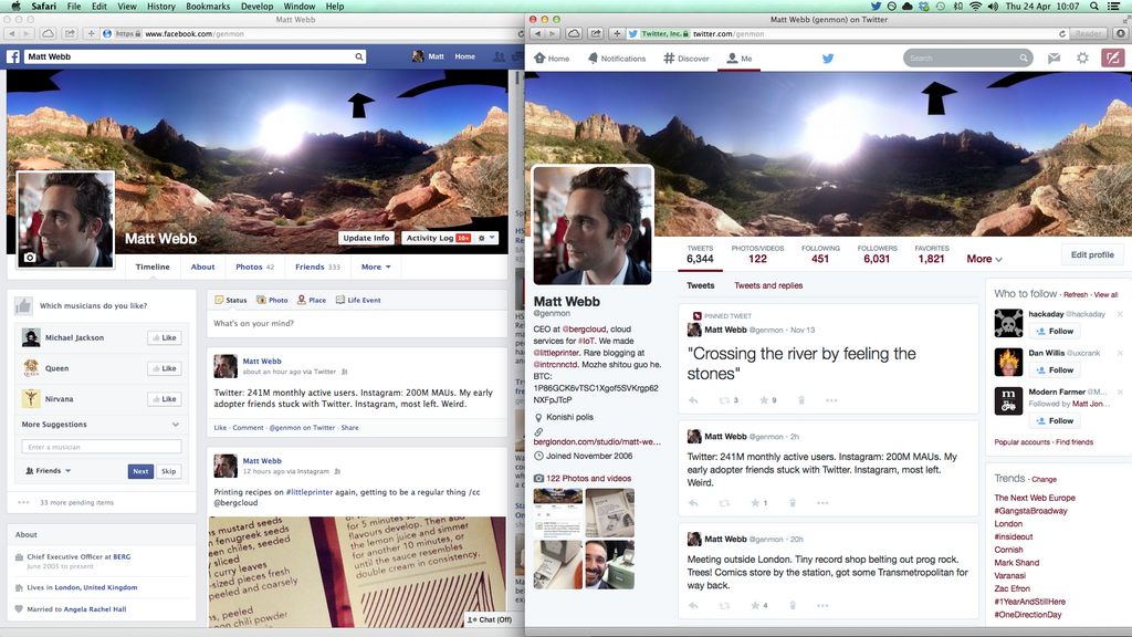Side-by-side comparison of Facebook and Twitter profiles